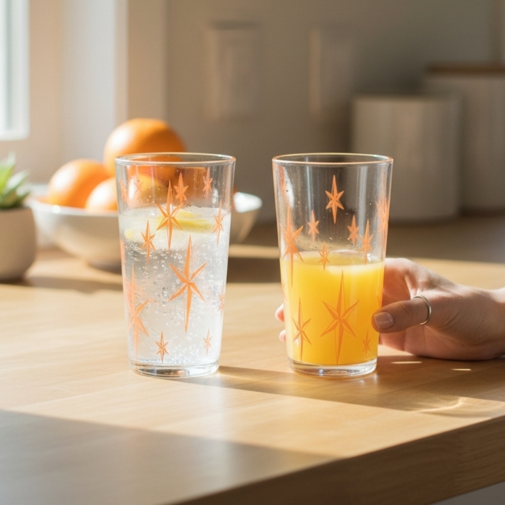 2 Vintage Atomic Starburst Glass Tumblers Orange Barware